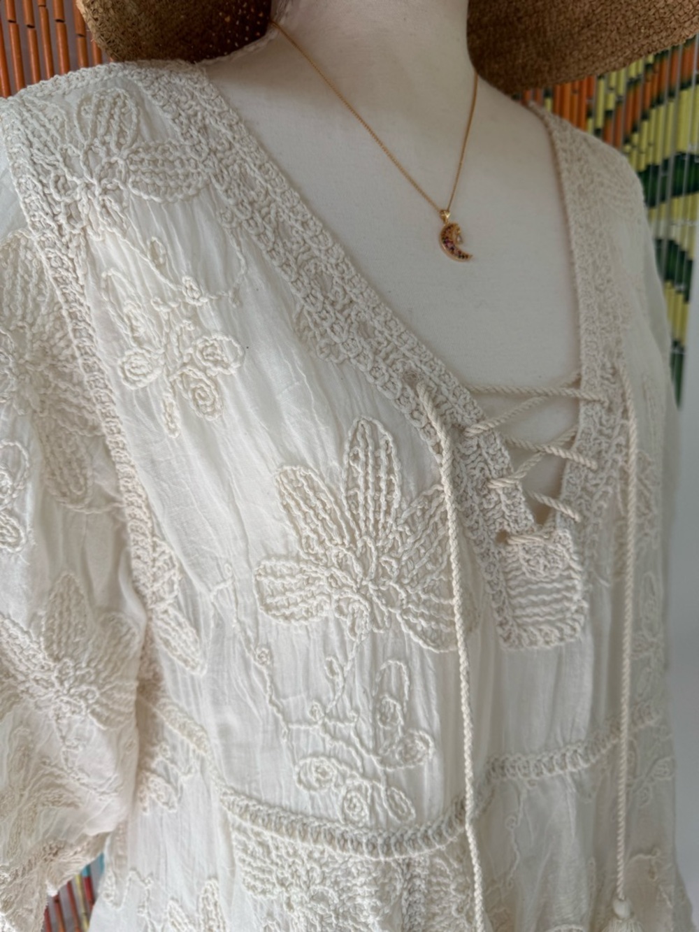 POL Cream Lace-Embroidered Peasant Top with Tassel Tie - Picture 4 of 7